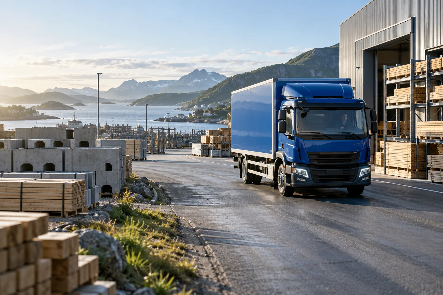 Illustrasjonsbilde av en leveringsbil ved et norsk byggevarelager med fjord og fjell i bakgrunnen